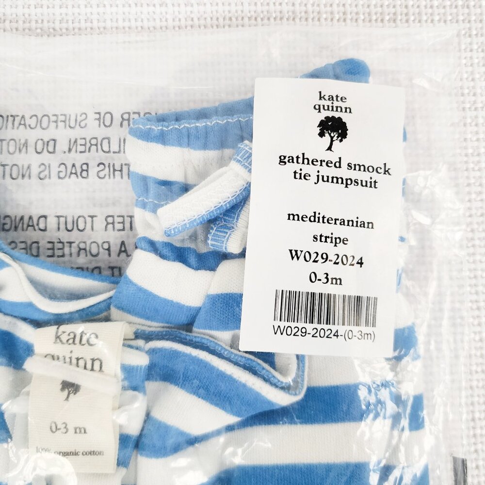 Kate Quinn Gathered Smock Tie Jumpsuit Mediterranean Stripe 0-3 Months Organic - Picture 3 of 10